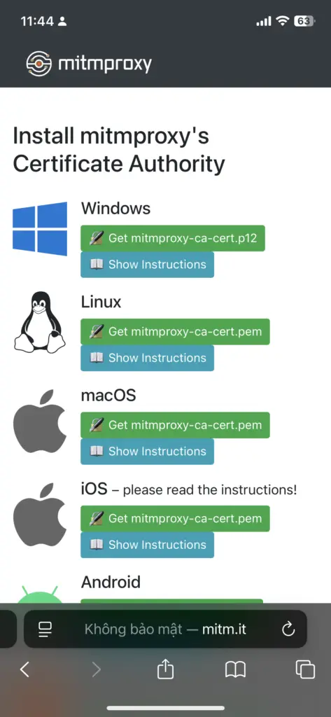 Màn hình cài CA của proxy trên iOS test device