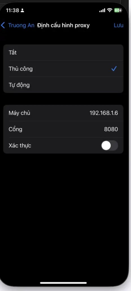 Màn hình cấu hình proxy Wi-Fi trên thiết bị iOS thử nghiệm